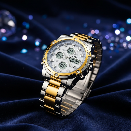 SKMEI Luxury Dual Display Watch – Gold & Silver