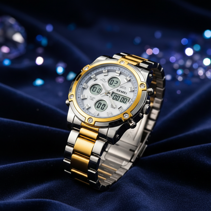 SKMEI Luxury Dual Display Watch – Gold & Silver