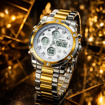 SKMEI Luxury Dual Display Watch – Gold & Silver